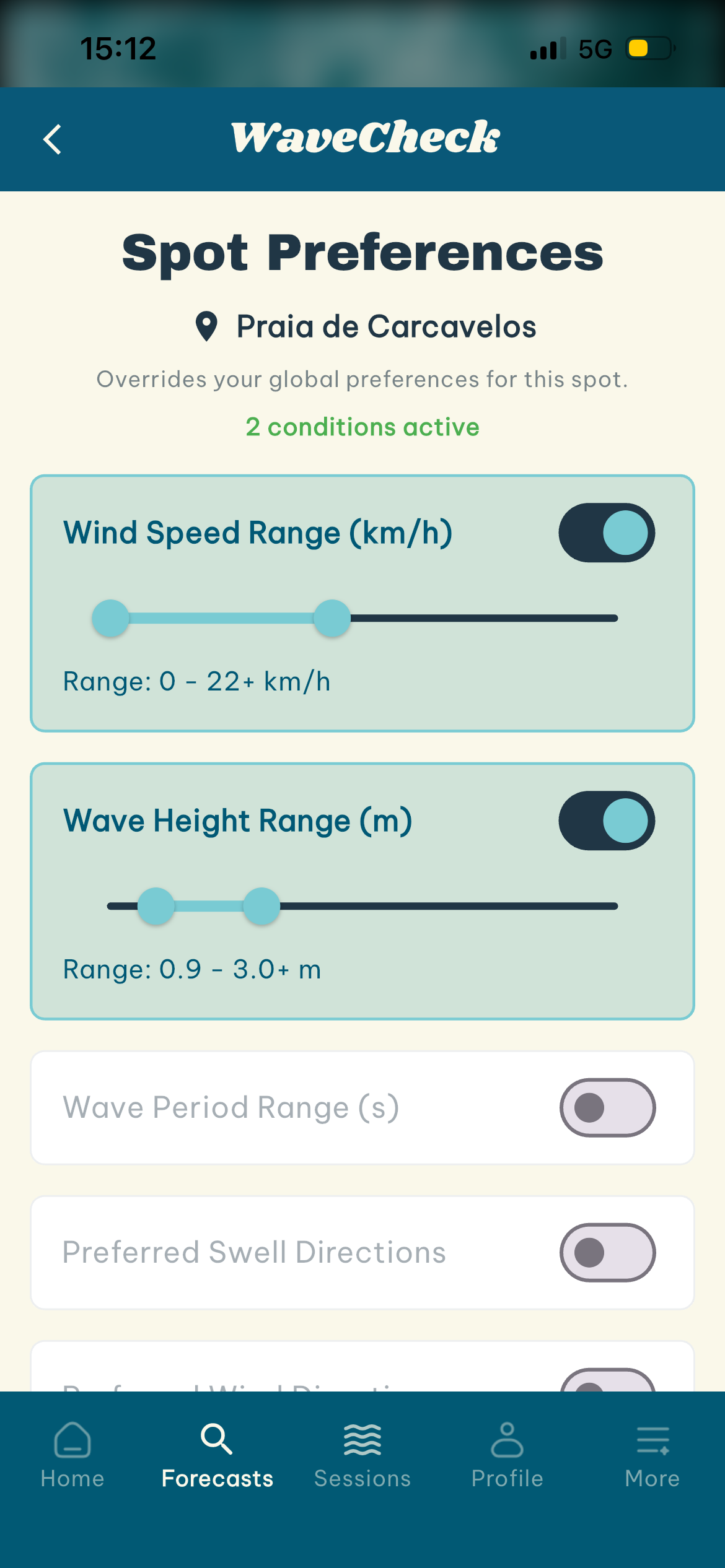 WaveCheck spot preferences